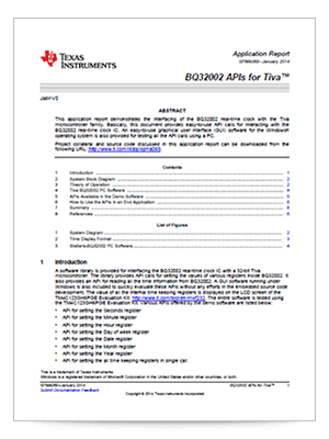 『BQ32002 APIs for Tiva（Tiva 用 BQ32002 API）』アプリケーション・レポートの表紙